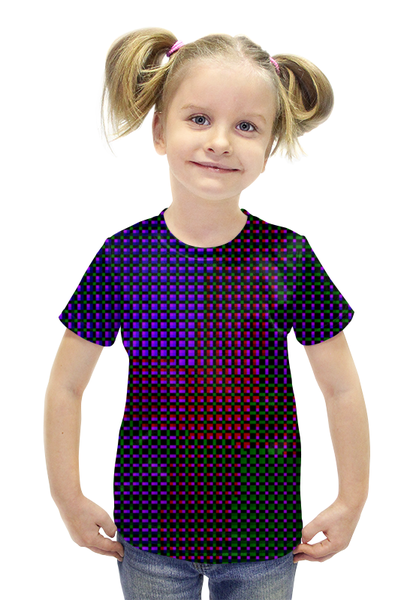 Заказать детскую футболку в Москве. Футболка с полной запечаткой для девочек glitch art (индиго) от Wax  - готовые дизайны и нанесение принтов.