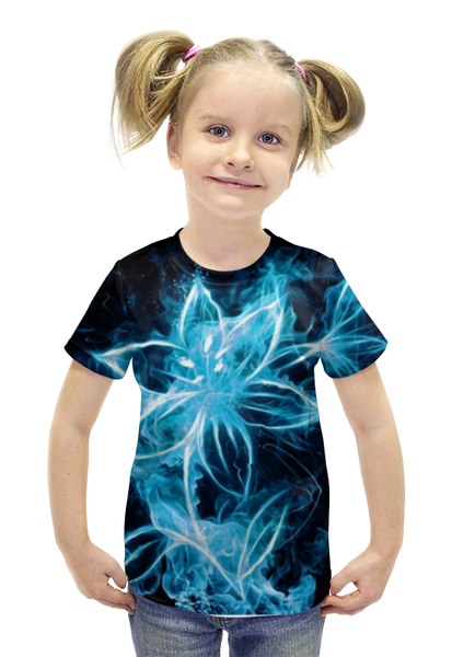 Заказать детскую футболку в Москве. Футболка с полной запечаткой для девочек голубой цветок от sofia2003 - готовые дизайны и нанесение принтов.