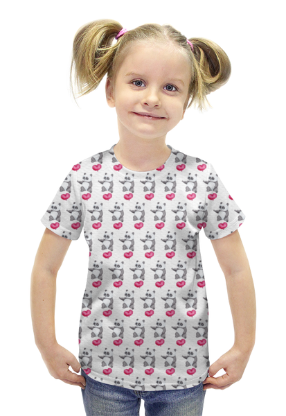 Заказать детскую футболку в Москве. Футболка с полной запечаткой для девочек Панда с сердечком от Amerikanka - готовые дизайны и нанесение принтов.