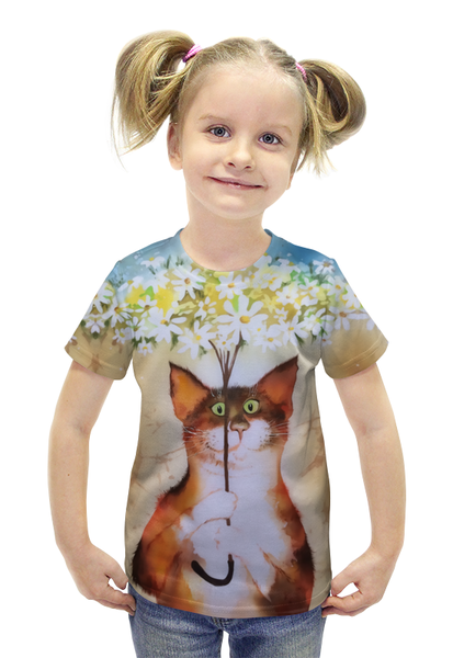 Заказать детскую футболку в Москве. Футболка с полной запечаткой для девочек Котик с ромашками (1) от T-shirt print  - готовые дизайны и нанесение принтов.