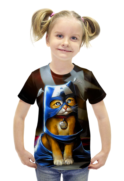 Заказать детскую футболку в Москве. Футболка с полной запечаткой для девочек Котик супергерой от T-shirt print  - готовые дизайны и нанесение принтов.