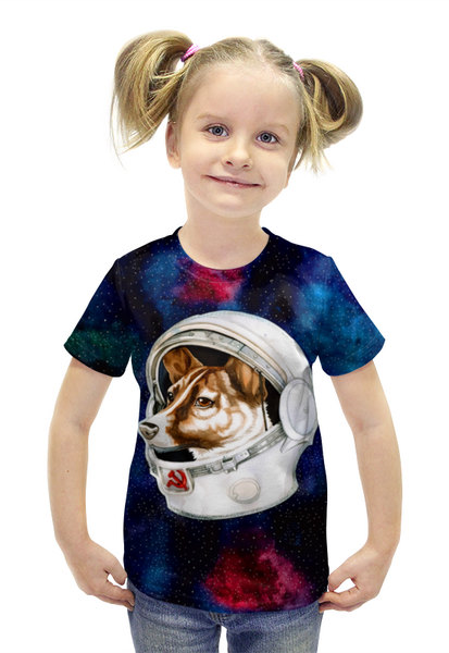 Заказать детскую футболку в Москве. Футболка с полной запечаткой для девочек Собака в космосе  от T-shirt print  - готовые дизайны и нанесение принтов.