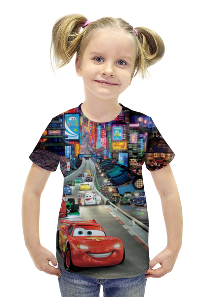 Заказать детскую футболку в Москве. Футболка с полной запечаткой для девочек Тачки от skynatural - готовые дизайны и нанесение принтов.