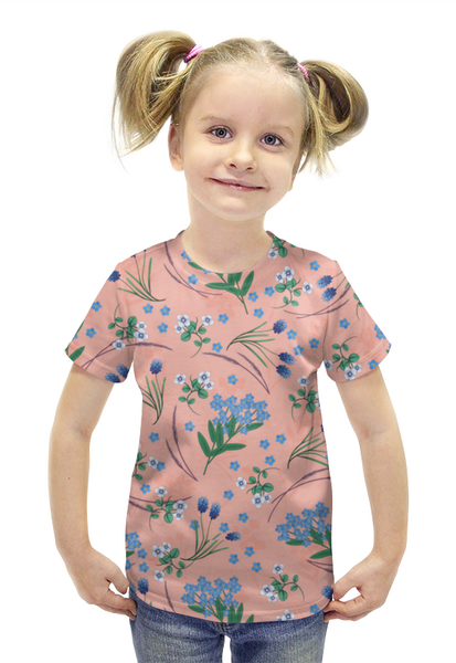 Заказать детскую футболку в Москве. Футболка с полной запечаткой для девочек НЕЗАБУДКИ НА РОЗОВОМ от ELENA ZHARINOVA - готовые дизайны и нанесение принтов.
