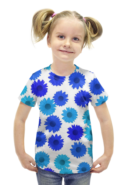 Заказать детскую футболку в Москве. Футболка с полной запечаткой для девочек Цветочный синий ромашковый от Koroleva - готовые дизайны и нанесение принтов.