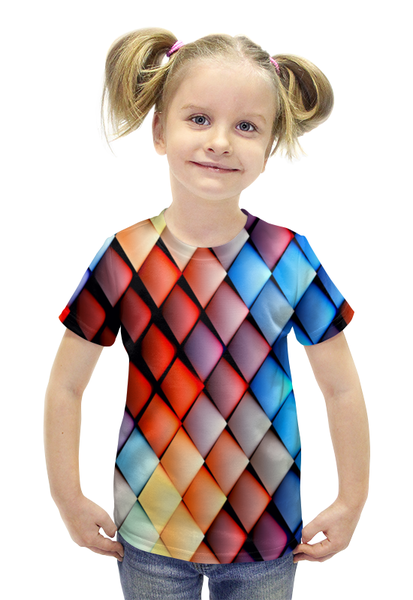 Заказать детскую футболку в Москве. Футболка с полной запечаткой для девочек Кубики абстракция от THE_NISE  - готовые дизайны и нанесение принтов.