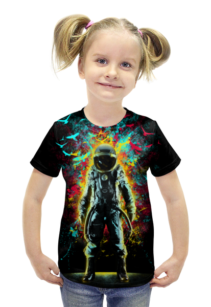 Заказать детскую футболку в Москве. Футболка с полной запечаткой для девочек Космонавт от printik - готовые дизайны и нанесение принтов.