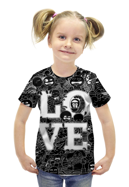 Заказать детскую футболку в Москве. Футболка с полной запечаткой для девочек Doodle Love black от nakalyae7 - готовые дизайны и нанесение принтов.