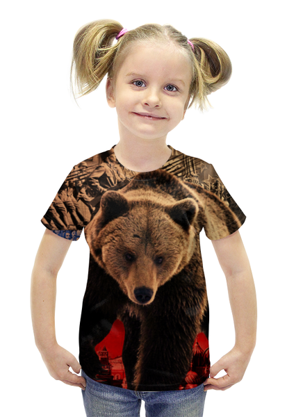 Заказать детскую футболку в Москве. Футболка с полной запечаткой для девочек Медведь Россия от coolmag - готовые дизайны и нанесение принтов.