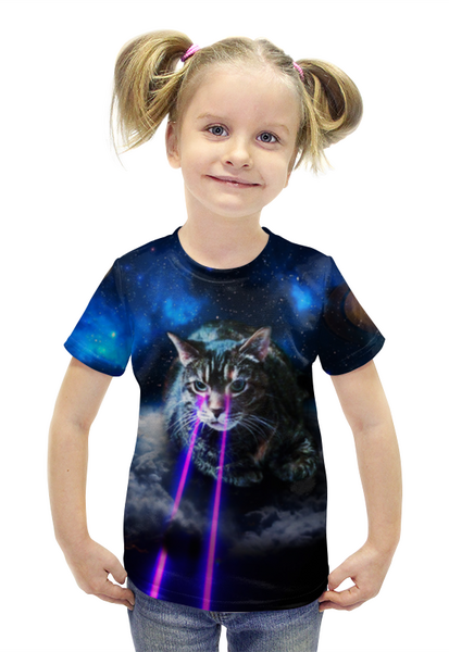 Заказать детскую футболку в Москве. Футболка с полной запечаткой для девочек Кот в космосе  от THE_NISE  - готовые дизайны и нанесение принтов.