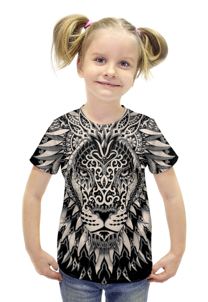Заказать детскую футболку в Москве. Футболка с полной запечаткой для девочек Лев в чёрно-белом варианте 2 от Виктор Гришин - готовые дизайны и нанесение принтов.