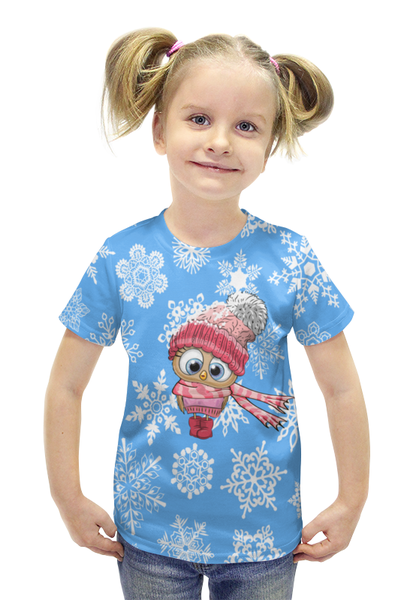 Заказать детскую футболку в Москве. Футболка с полной запечаткой для девочек Сова в шапке от THE_NISE  - готовые дизайны и нанесение принтов.