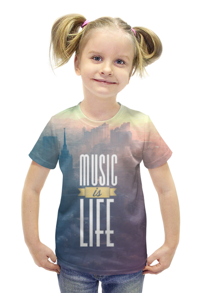 Заказать детскую футболку в Москве. Футболка с полной запечаткой для девочек Music is Life от Broadway music - готовые дизайны и нанесение принтов.