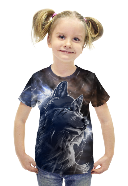 Заказать детскую футболку в Москве. Футболка с полной запечаткой для девочек Волк и молнии от galaxy secret - готовые дизайны и нанесение принтов.