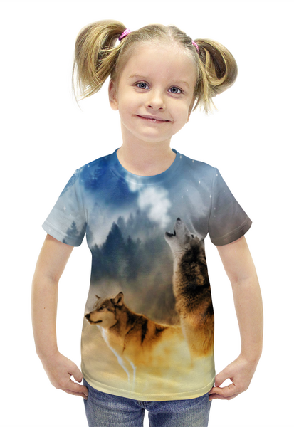 Заказать детскую футболку в Москве. Футболка с полной запечаткой для девочек Волки Зима от  PRO_DESIGN - готовые дизайны и нанесение принтов.