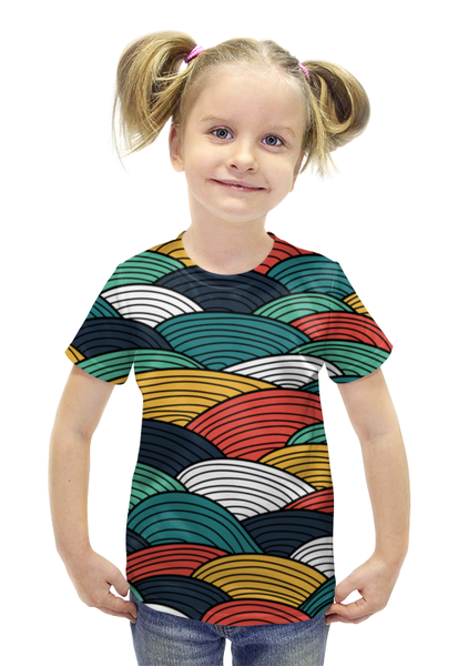 Заказать детскую футболку в Москве. Футболка с полной запечаткой для девочек Цветные волны от BeliySlon - готовые дизайны и нанесение принтов.