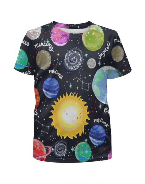 Заказать детскую футболку в Москве. Футболка с полной запечаткой для девочек Планеты от THE_NISE  - готовые дизайны и нанесение принтов.