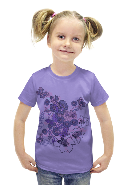 Заказать детскую футболку в Москве. Футболка с полной запечаткой для девочек Сова в цветах от valezar - готовые дизайны и нанесение принтов.
