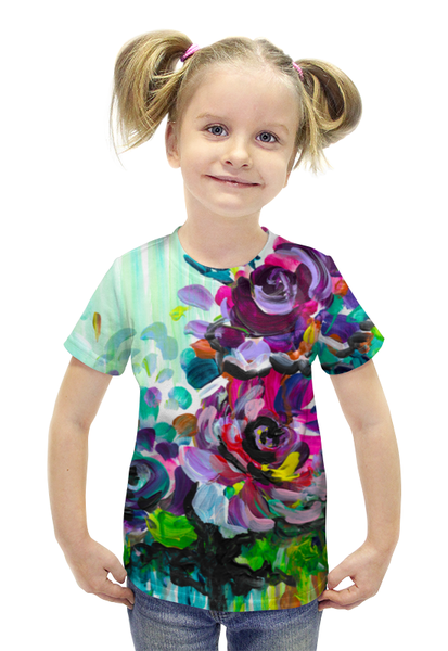 Заказать детскую футболку в Москве. Футболка с полной запечаткой для девочек Летняя живопись от d_ari.design@mail.ru - готовые дизайны и нанесение принтов.