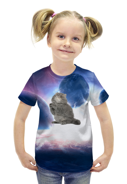 Заказать детскую футболку в Москве. Футболка с полной запечаткой для девочек  Кот в космосе от THE_NISE  - готовые дизайны и нанесение принтов.