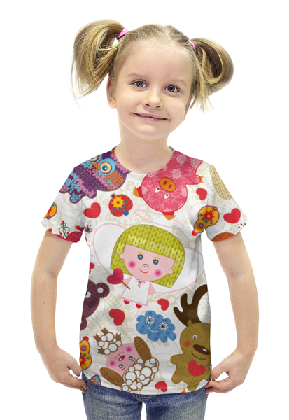 Заказать детскую футболку в Москве. Футболка с полной запечаткой для девочек Детишки и зверюшки от Amerikanka - готовые дизайны и нанесение принтов.