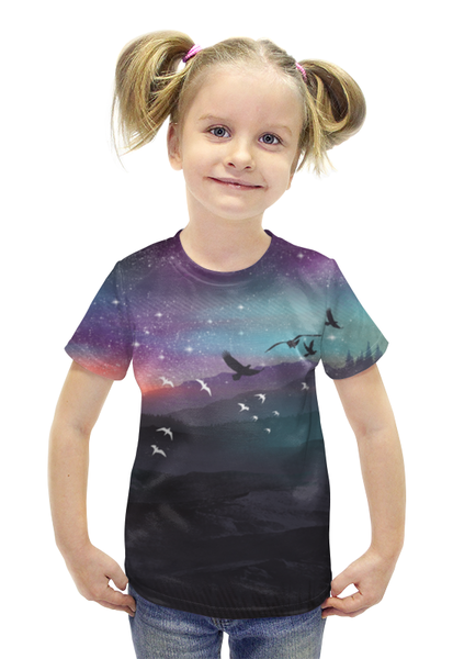 Заказать детскую футболку в Москве. Футболка с полной запечаткой для девочек Птицы в небе от inPrintio - готовые дизайны и нанесение принтов.