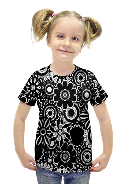 Заказать детскую футболку в Москве. Футболка с полной запечаткой для девочек Черно-белые цветы от THE_NISE  - готовые дизайны и нанесение принтов.
