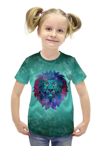 Заказать детскую футболку в Москве. Футболка с полной запечаткой для девочек Яркий лев от Ordwen - готовые дизайны и нанесение принтов.