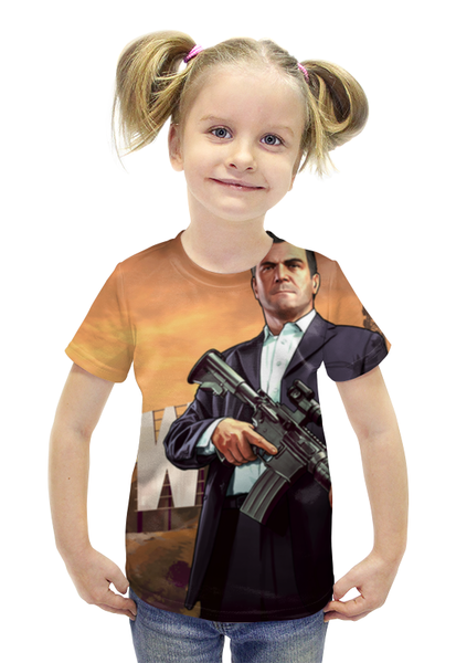 Заказать детскую футболку в Москве. Футболка с полной запечаткой для девочек GTA 5 от game-fan - готовые дизайны и нанесение принтов.
