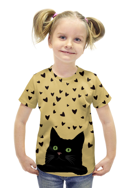 Заказать детскую футболку в Москве. Футболка с полной запечаткой для девочек Кот с сердечками от valezar - готовые дизайны и нанесение принтов.