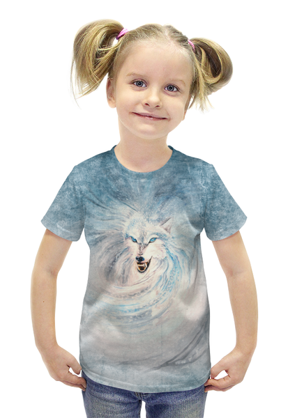 Заказать детскую футболку в Москве. Футболка с полной запечаткой для девочек Волк-зима от hontor - готовые дизайны и нанесение принтов.