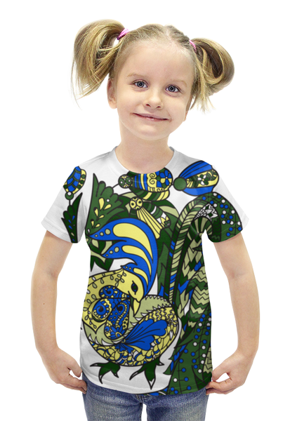 Заказать детскую футболку в Москве. Футболка с полной запечаткой для девочек петушиное разноцветие от Игма - готовые дизайны и нанесение принтов.