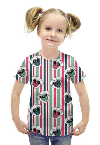 Заказать детскую футболку в Москве. Футболка с полной запечаткой для девочек МОПСЫ В ПОЛОСКУ от ELENA ZHARINOVA - готовые дизайны и нанесение принтов.