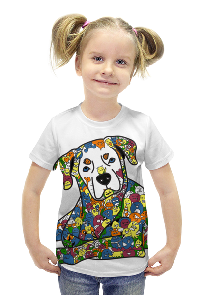 Заказать детскую футболку в Москве. Футболка с полной запечаткой для девочек собака  из дудл монстров от Игма - готовые дизайны и нанесение принтов.
