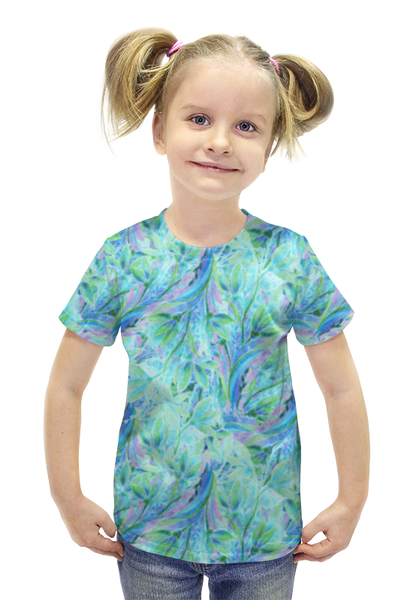 Заказать детскую футболку в Москве. Футболка с полной запечаткой для девочек Акварельные нежные голубые цветы от eszadesign - готовые дизайны и нанесение принтов.