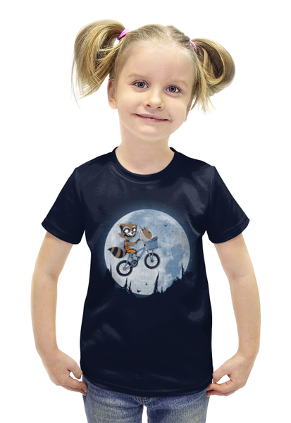 Заказать детскую футболку в Москве. Футболка с полной запечаткой для девочек Енотик на луне от T-shirt print  - готовые дизайны и нанесение принтов.