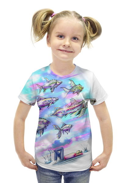 Заказать детскую футболку в Москве. Футболка с полной запечаткой для девочек Underwater от Мастер Спектр - готовые дизайны и нанесение принтов.