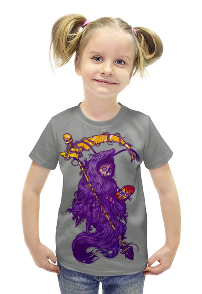 Заказать детскую футболку в Москве. Футболка с полной запечаткой для девочек Смерть с косой и скейтом от Leichenwagen - готовые дизайны и нанесение принтов.