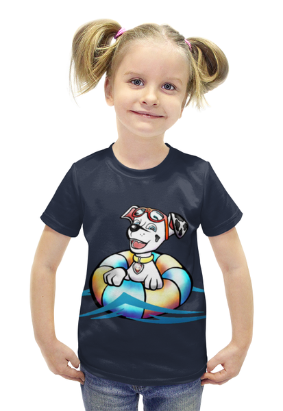 Заказать детскую футболку в Москве. Футболка с полной запечаткой для девочек Собачка плавец  от ПРИНТЫ ПЕЧАТЬ  - готовые дизайны и нанесение принтов.