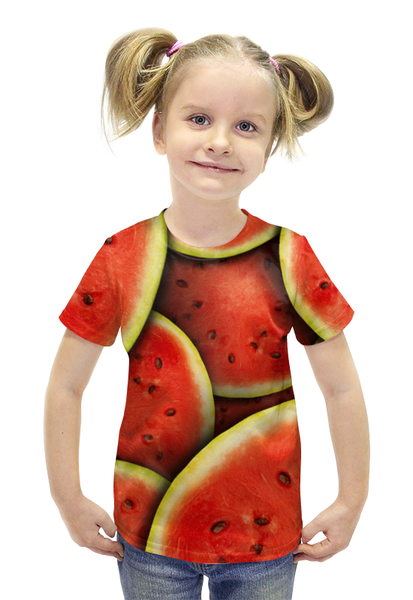 Заказать детскую футболку в Москве. Футболка с полной запечаткой для девочек Арбузы 3D от coolmag - готовые дизайны и нанесение принтов.