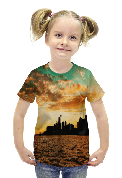 Заказать детскую футболку в Москве. Футболка с полной запечаткой для девочек Вечерний город от THE_NISE  - готовые дизайны и нанесение принтов.