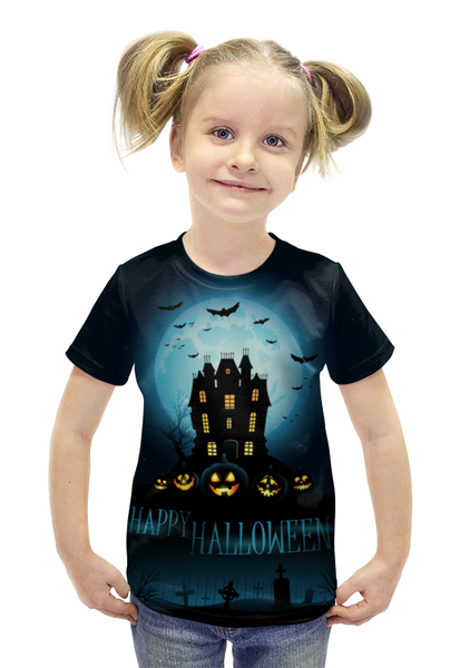 Заказать детскую футболку в Москве. Футболка с полной запечаткой для девочек Хеллоуин / Halloween от KinoArt - готовые дизайны и нанесение принтов.
