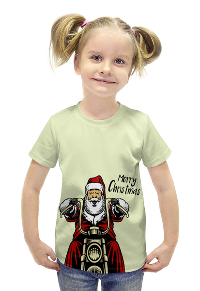 Заказать детскую футболку в Москве. Футболка с полной запечаткой для девочек Дед мороз на байке от denis01001 - готовые дизайны и нанесение принтов.