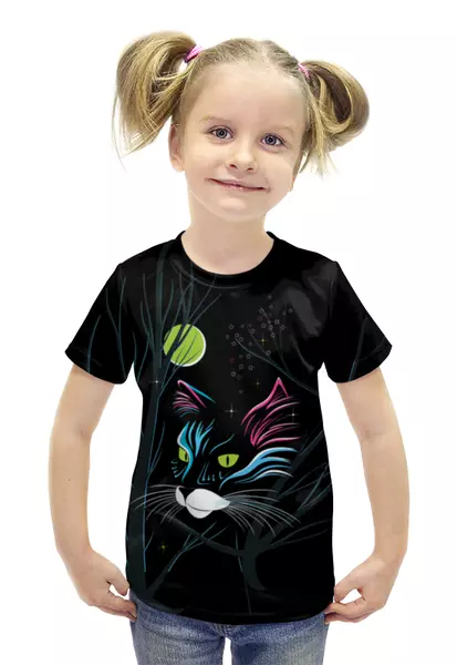 Заказать детскую футболку в Москве. Футболка с полной запечаткой для девочек Зеленоглазая кошка от ELENA ZHARINOVA - готовые дизайны и нанесение принтов.