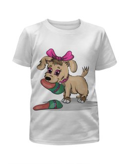 Заказать детскую футболку в Москве. Футболка с полной запечаткой для девочек щенок с тапком от Екатерина Куриленко - готовые дизайны и нанесение принтов.