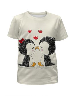 Заказать детскую футболку в Москве. Футболка с полной запечаткой для девочек Влюбленные пингвины от vphone - готовые дизайны и нанесение принтов.