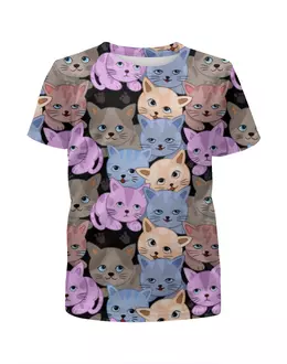 Заказать детскую футболку в Москве. Футболка с полной запечаткой для девочек Разноцветные котята от skynatural - готовые дизайны и нанесение принтов.