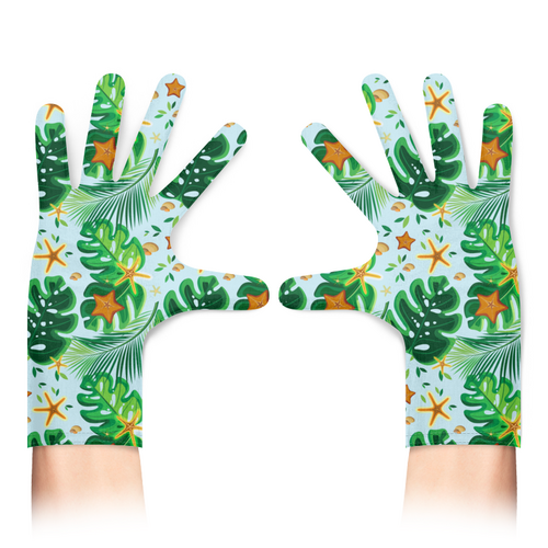 Заказать перчатки в Москве. Перчатки с полной запечаткой Тропические листья и морские звезды от IrinkaArt  - готовые дизайны и нанесение принтов.