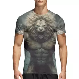 Заказать спортивные футболки в Москве. Спортивная футболка 3D Мускулистый лев от Михаил Илюхин - готовые дизайны и нанесение принтов.