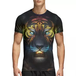 Заказать спортивные футболки в Москве. Спортивная футболка 3D Разноцветный тигр от Михаил Илюхин - готовые дизайны и нанесение принтов.